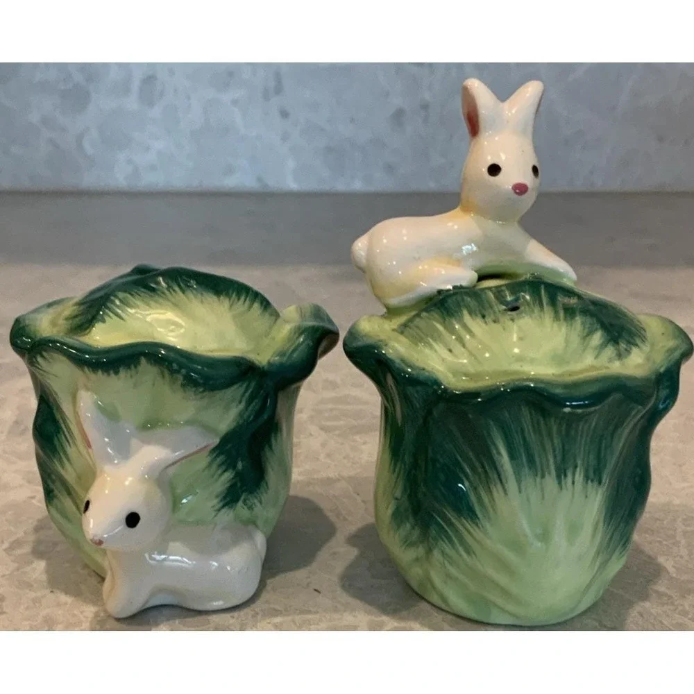 Vintage Ceramic Easter Bunny Cabbage Salt And Pepper Shakers Set Green White Vin